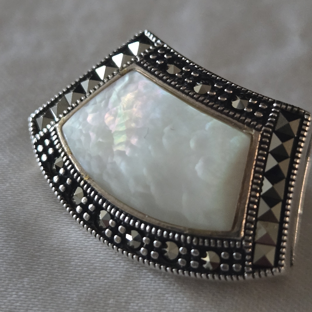 Vintage Sterling Silver Mother of Pearl Marcasite Statement Slider Pendant